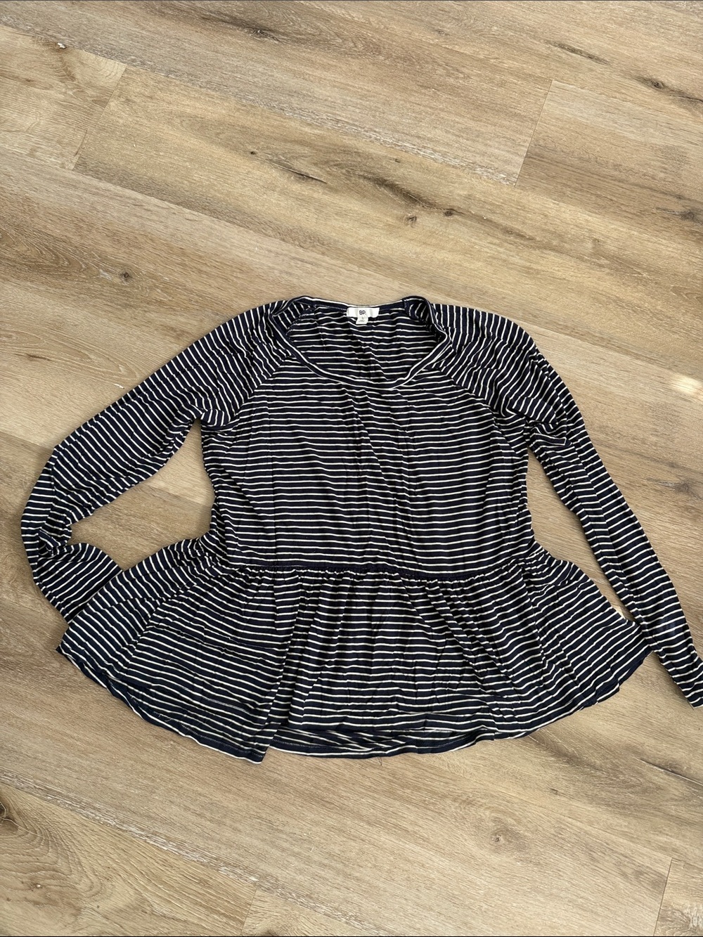 bp Navy and White Striped Peplum Tunic